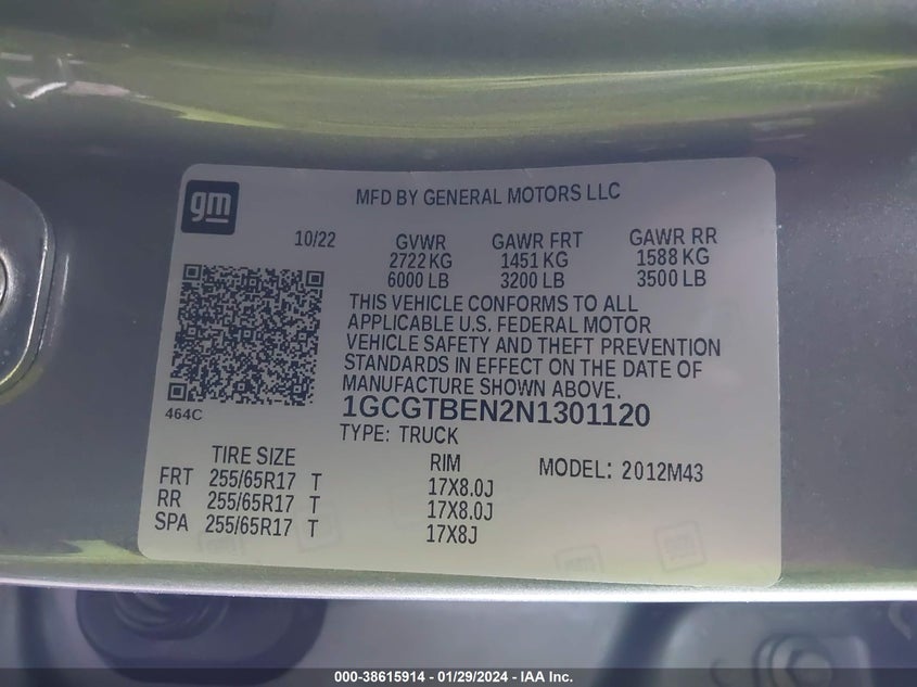 VIN 1GCGTBEN2N1301120 2022 CHEVROLET COLORADO 4WD  SHORT BOX WT