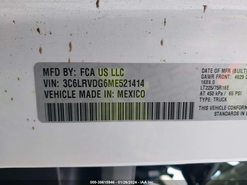 2021 RAM PROMASTER 2500 HIGH ROOF 159 WB 3C6LRVDG6ME521414