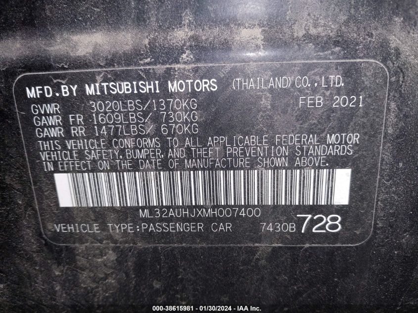 2021 MITSUBISHI MIRAGE ES/LE/CARBONITE EDITION - ML32AUHJXMH007400