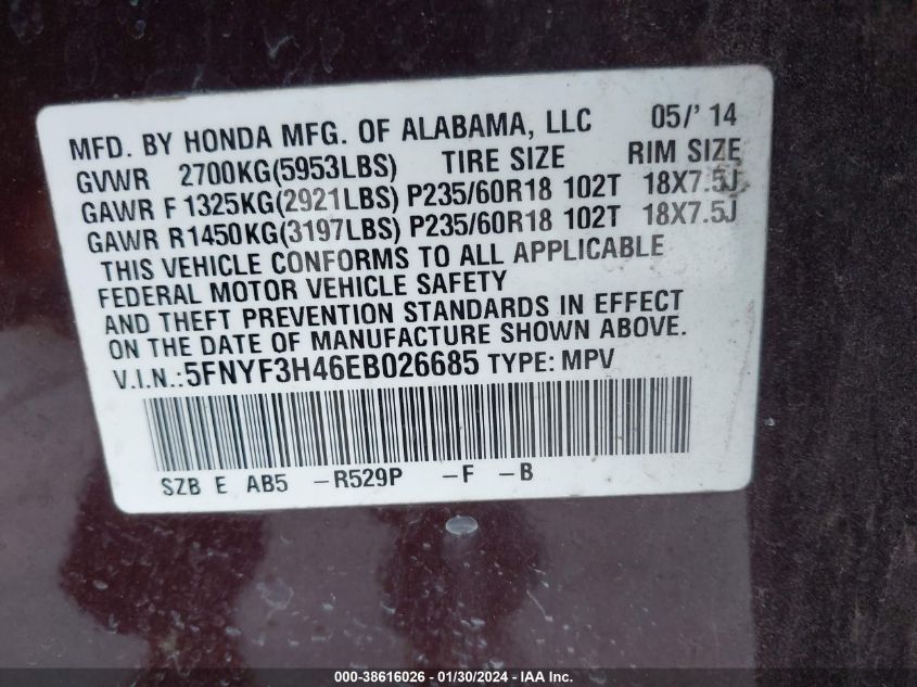 2014 HONDA PILOT EX - 5FNYF3H46EB026685