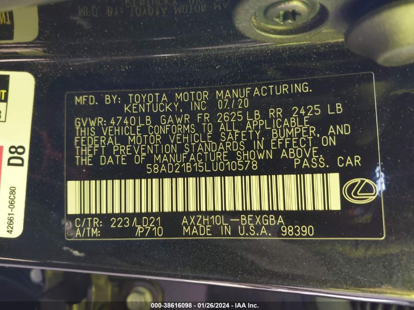 2020 LEXUS ES 300H - 58AD21B15LU010578