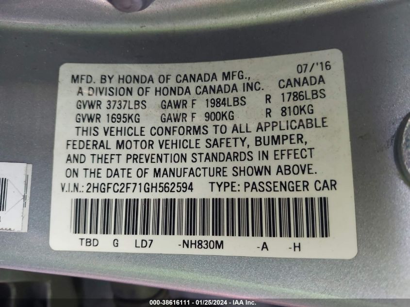 2016 HONDA CIVIC EX - 2HGFC2F71GH562594
