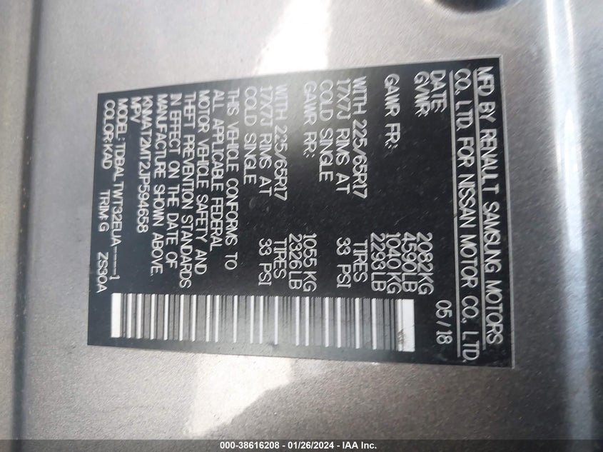 VIN KNMAT2MT2JP594658 2018 NISSAN ROGUE S/SV