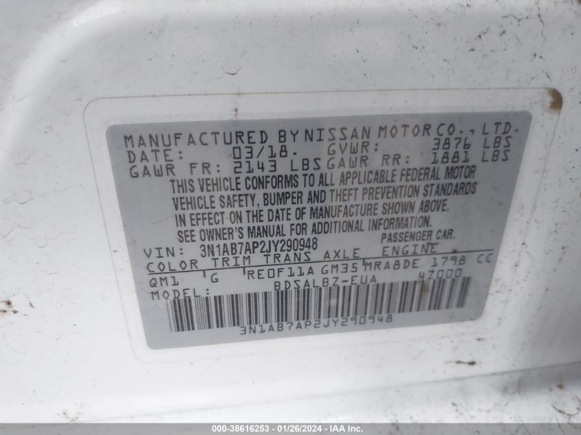 2018 NISSAN SENTRA S/SV/SR/SL - 3N1AB7AP2JY290948