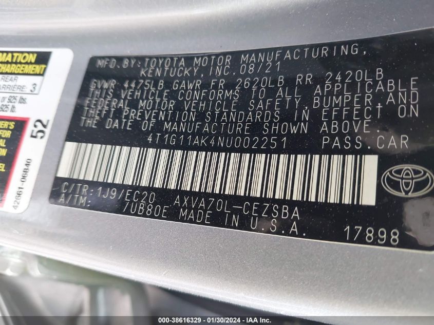 2022 TOYOTA CAMRY SE/SE NIGHT SHADE - 4T1G11AK4NU002251
