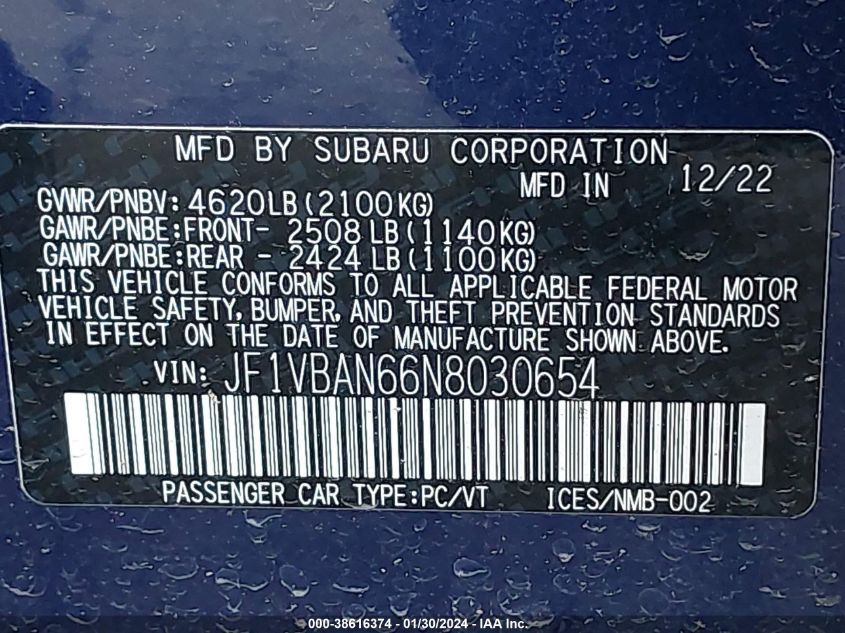 2022 SUBARU WRX LIMITED - JF1VBAN66N8030654