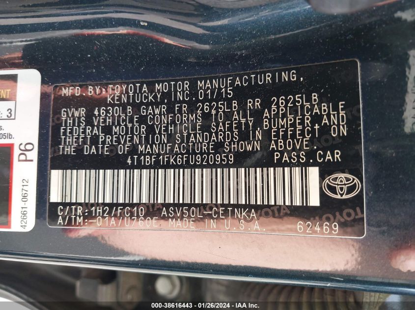 2015 TOYOTA CAMRY LE - 4T1BF1FK6FU920959