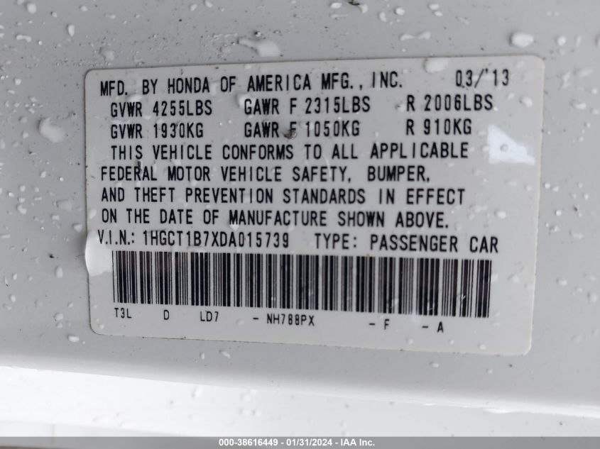 2013 HONDA ACCORD EX - 1HGCT1B7XDA015739