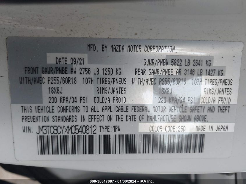 2021 MAZDA CX-9 TOURING - JM3TCBCYXM0540812