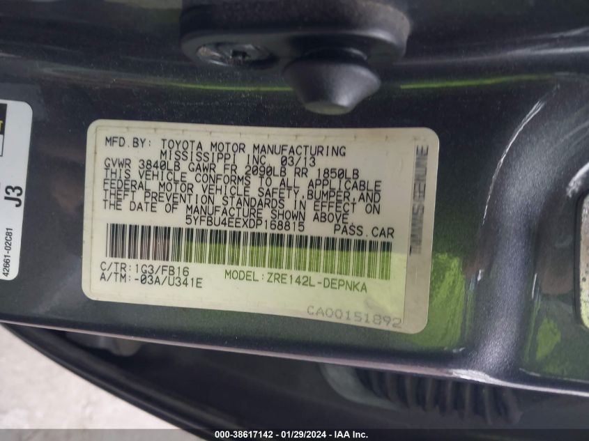 2013 TOYOTA COROLLA LE - 5YFBU4EEXDP168815