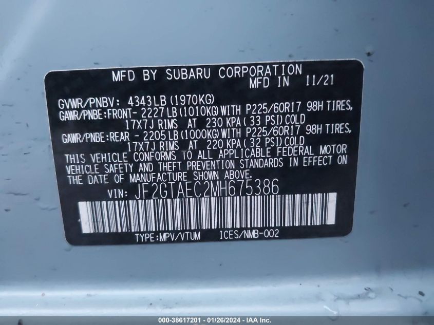 2021 SUBARU CROSSTREK PREMIUM - JF2GTAEC2MH675386