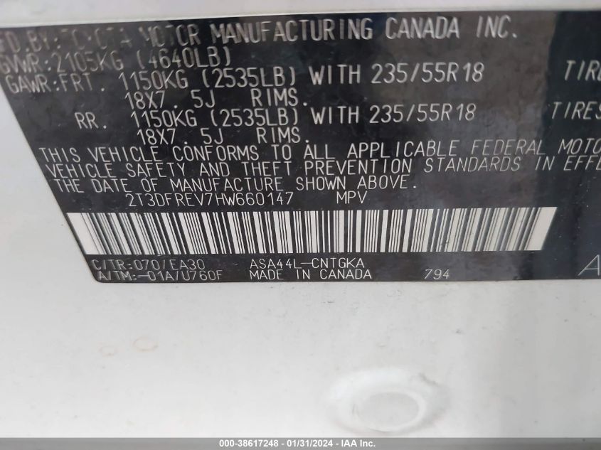 2017 TOYOTA RAV4 LIMITED/SE/PLATINUM - 002T3DFREV7HW6601