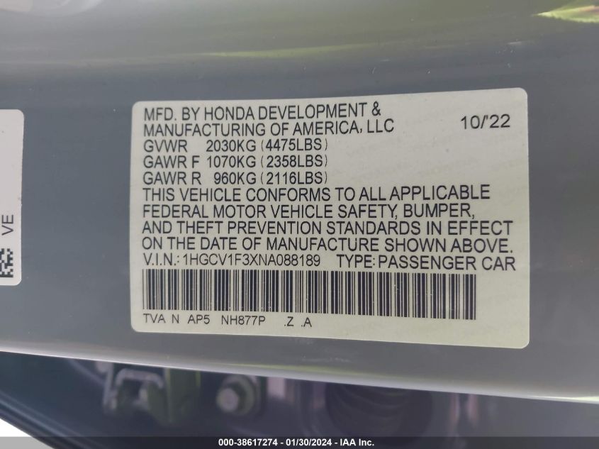 2022 HONDA ACCORD SPORT - 1HGCV1F3XNA088189