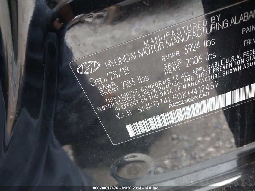 VIN 5NPD74LF0KH412459 2019 HYUNDAI ELANTRA SE