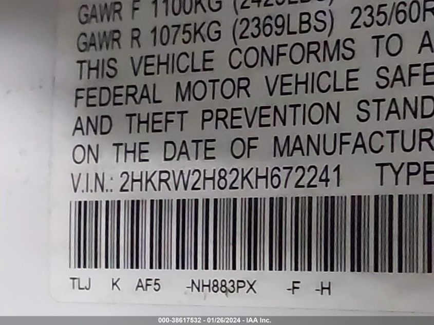 2019 HONDA CR-V EXL - 2HKRW2H82KH672241