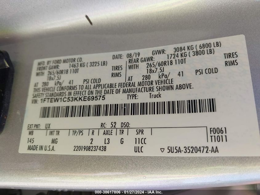2019 FORD F150 SUPERCREW - 1FTEW1C53KKE69575