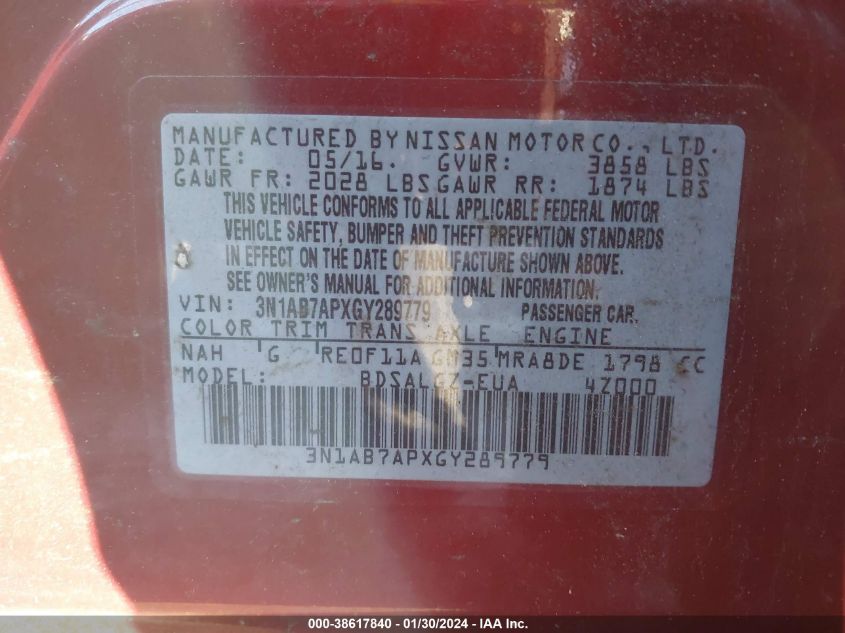2016 NISSAN SENTRA S/SV/SR/SL - 3N1AB7APXGY289779