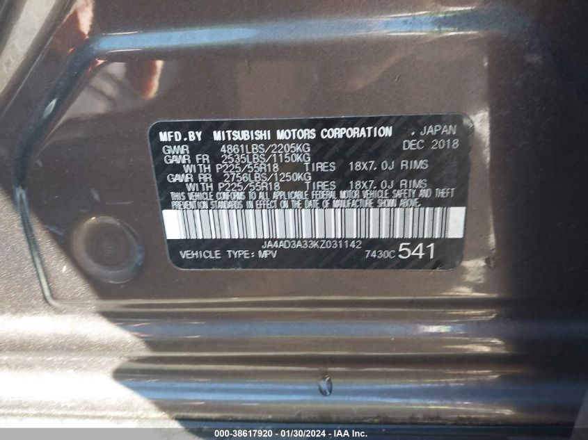 2019 MITSUBISHI OUTLANDER SEL - JA4AD3A33KZ031142
