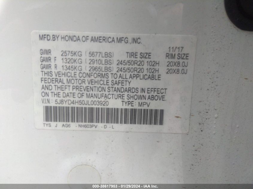 2018 ACURA MDX TECHNOLOGY PKG - 5J8YD4H50JL003920