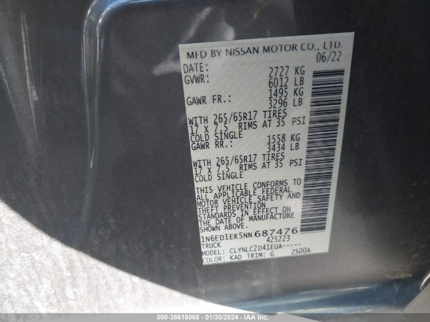 2022 NISSAN FRONTIER SV 4X4 - 1N6ED1EK5NN687476