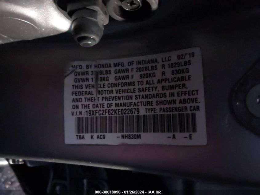 2019 HONDA CIVIC LX - 19XFC2F62KE022679