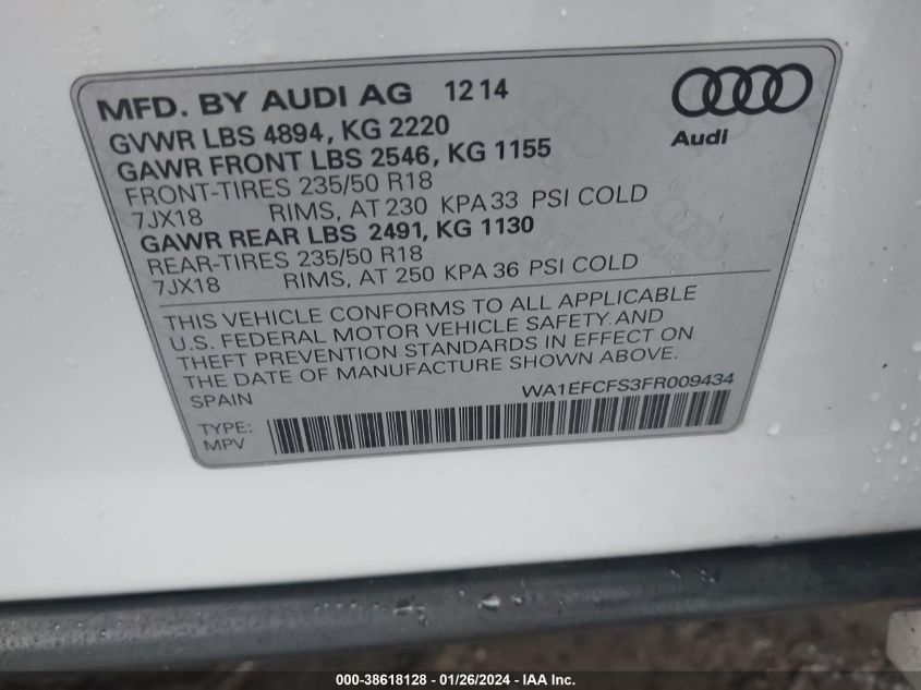 2015 AUDI Q3 PREMIUM PLUS - WA1EFCFS3FR009434