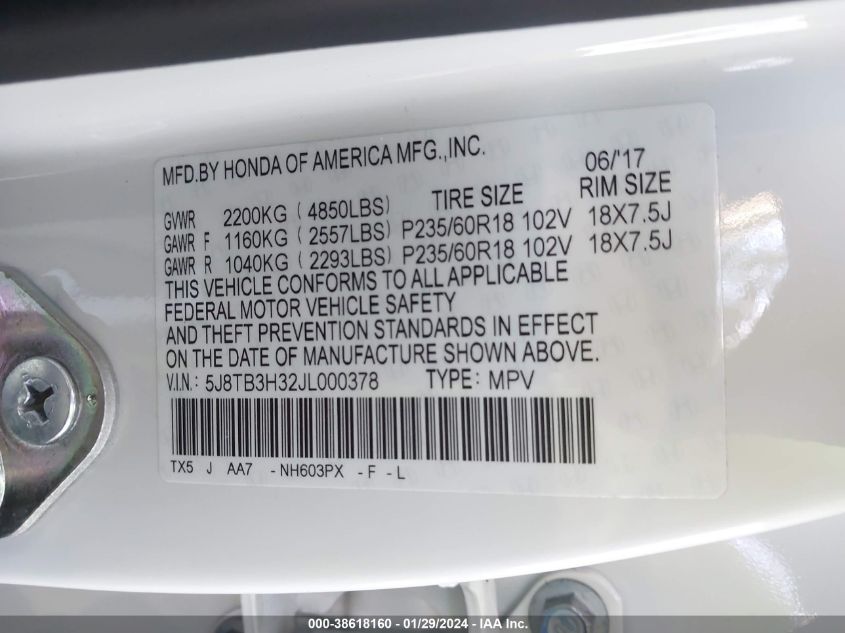 2018 ACURA RDX ACURAWATCH PLUS PACKAGE - 5J8TB3H32JL000378
