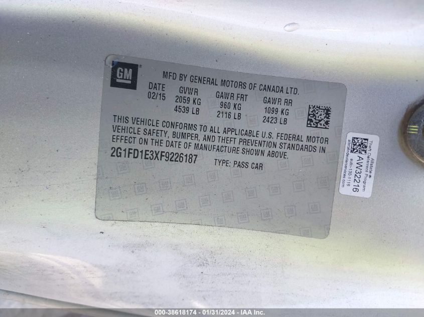 2015 CHEVROLET CAMARO LT - 2G1FD1E3XF9226187