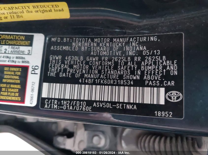 4T4BF1FK6DR318534 | 2013 TOYOTA CAMRY