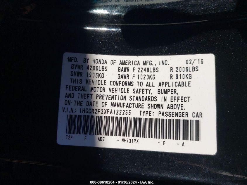 2015 HONDA ACCORD LX - 1HGCR2F3XFA122255