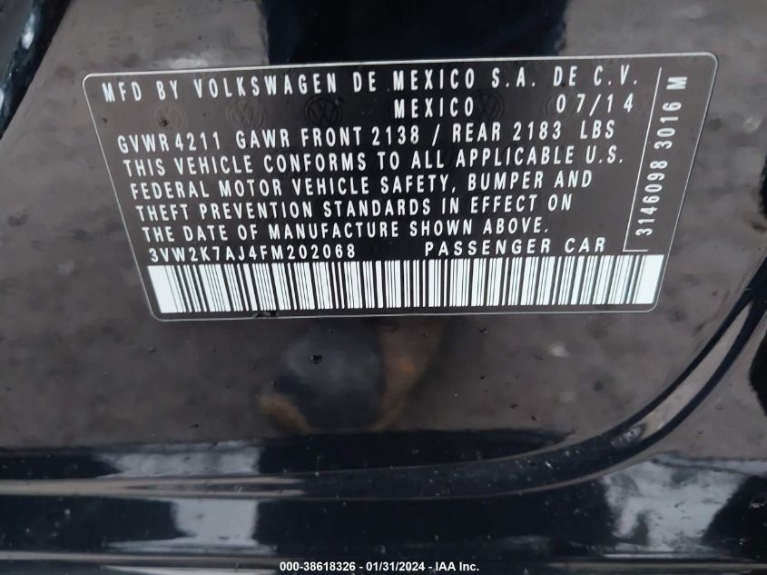 2015 VOLKSWAGEN JETTA 2.0L S - 3VW2K7AJ4FM202068