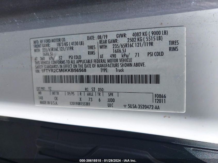 2019 FORD TRANSIT-250 - 1FTYR2CM6KKB56568