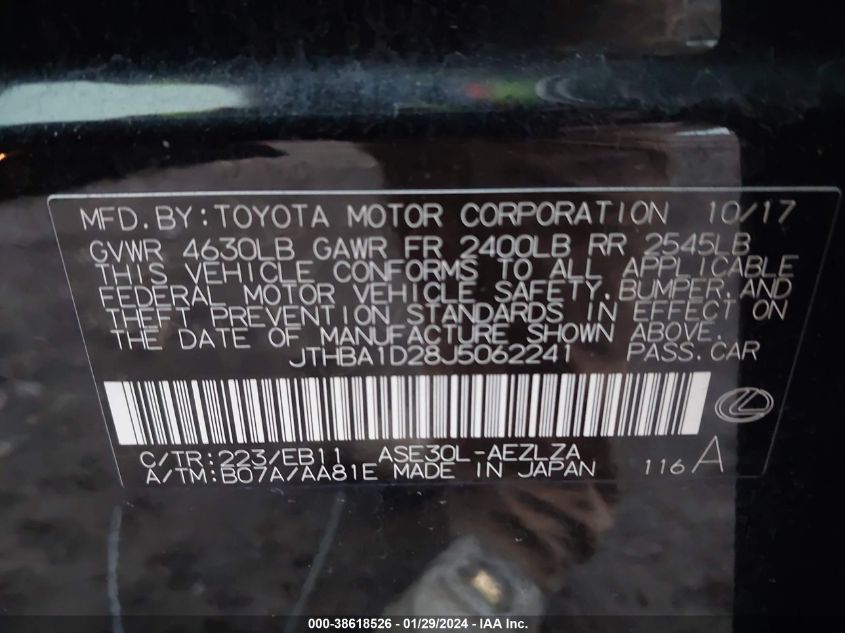 2018 LEXUS IS 300 - JTHBA1D28J5062241