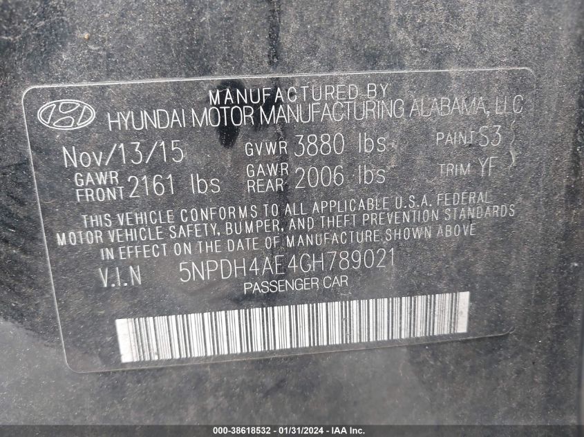 2016 HYUNDAI ELANTRA SE/SPORT/LIMITED - 5NPDH4AE4GH789021