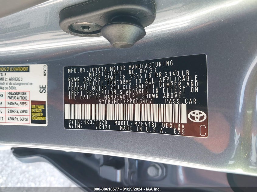 VIN 5YFB4MDEXPP066467 2023 TOYOTA COROLLA LE