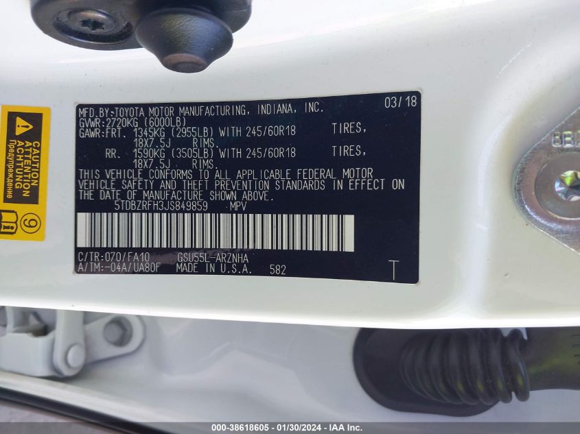 2018 TOYOTA HIGHLANDER LE PLUS - 5TDBZRFH3JS849859