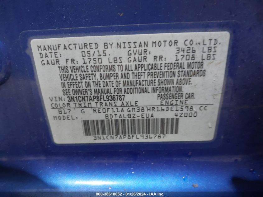 2015 NISSAN VERSA S/S PLUS/SV/SL - 3N1CN7AP8FL936787