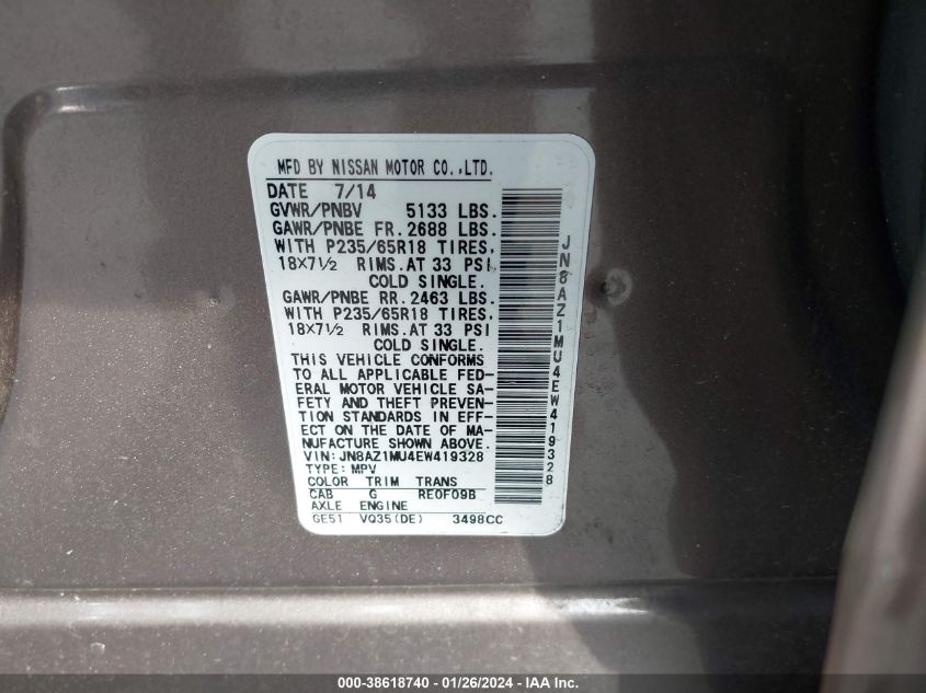 2014 NISSAN MURANO SV - JN8AZ1MU4EW419328