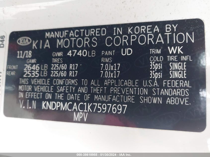 2019 KIA SPORTAGE LX - KNDPMCAC1K7597697