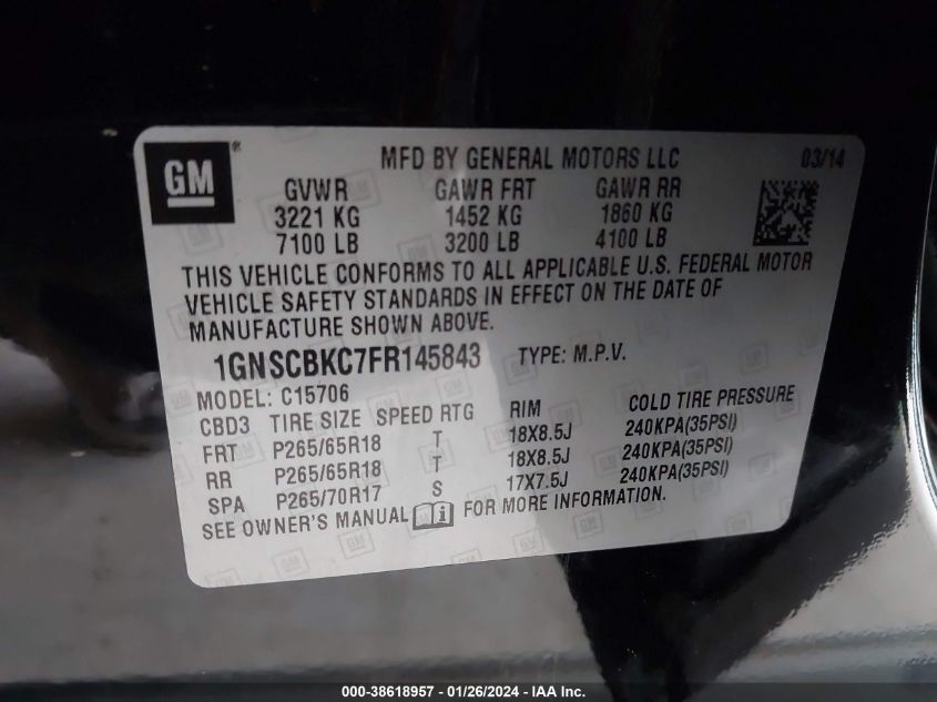 2015 CHEVROLET TAHOE LT - 1GNSCBKC7FR145843