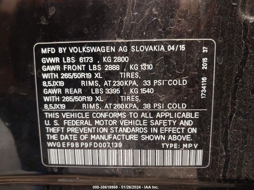 2015 VOLKSWAGEN TOUAREG V6 LUX - WVGEF9BP9FD007139
