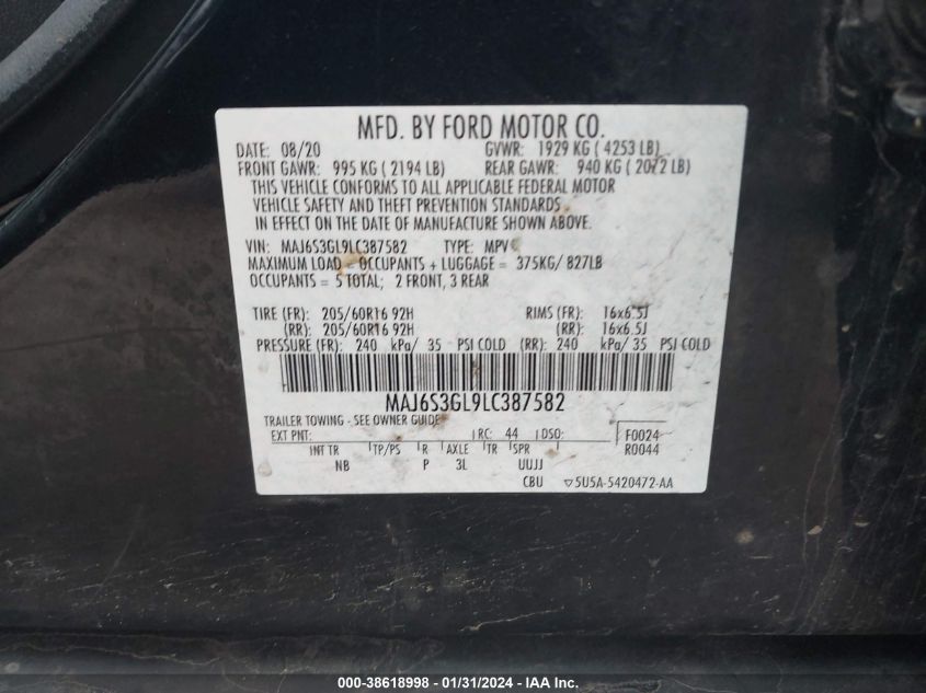 2020 FORD ECOSPORT SE - MAJ6S3GL9LC387582
