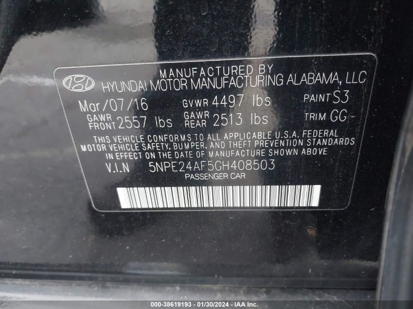 2016 HYUNDAI SONATA - 5NPE24AF5GH408503