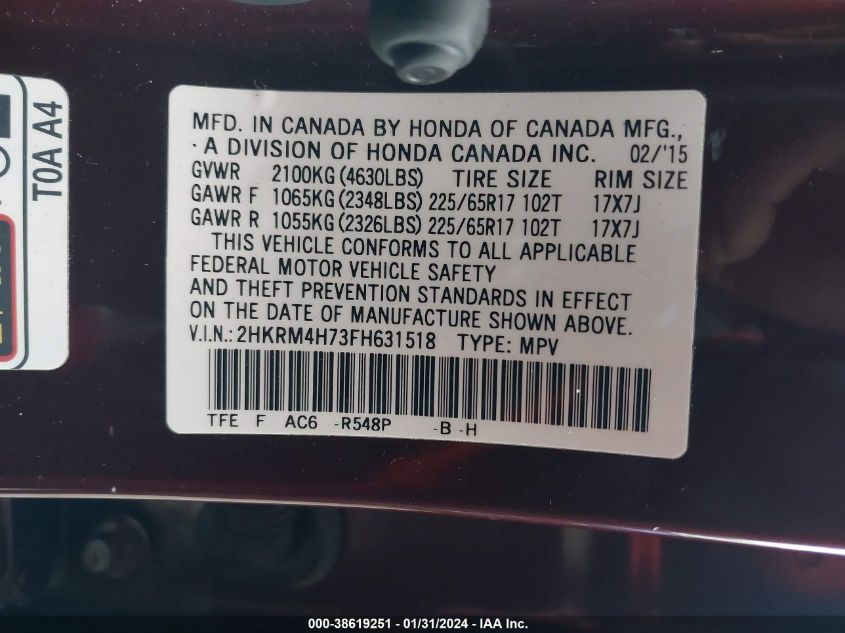 2015 HONDA CR-V EX-L - 2HKRM4H73FH631518
