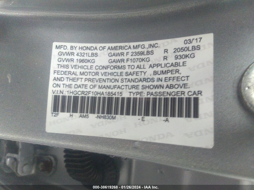 2017 HONDA ACCORD SPORT SE - 1HGCR2F10HA185415