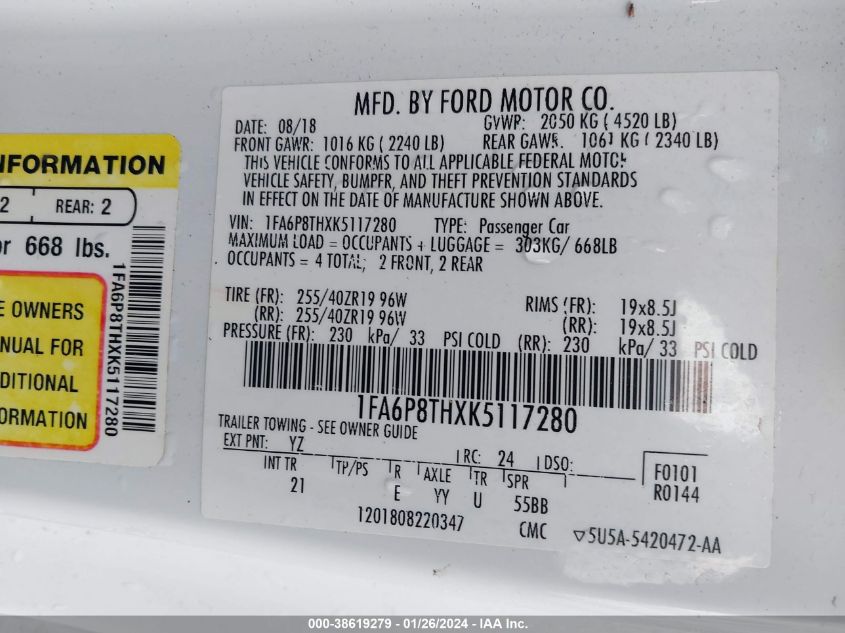 2019 FORD MUSTANG - 1FA6P8THXK5117280