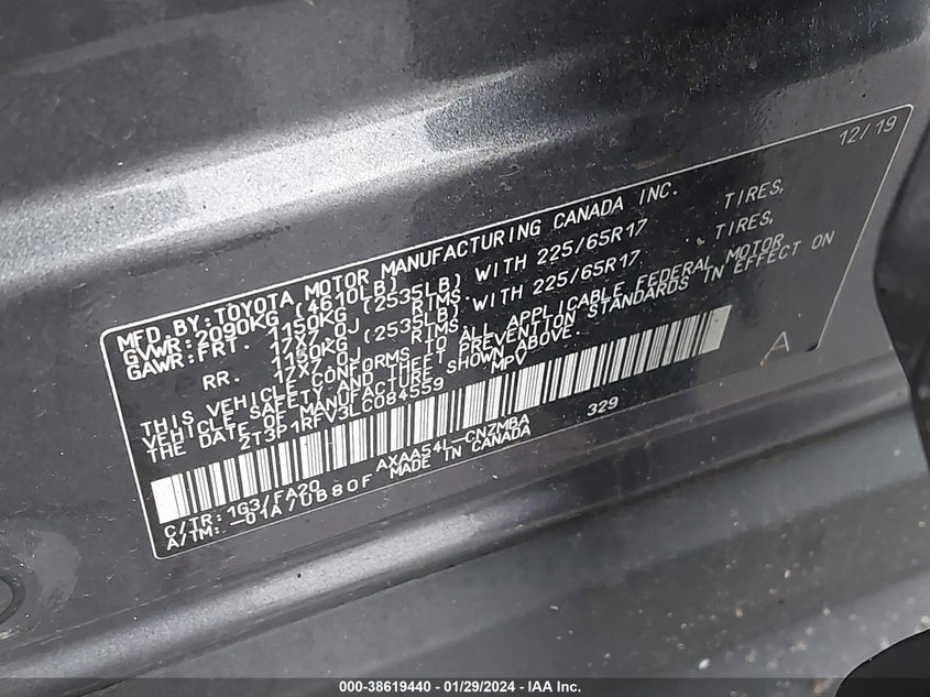 VIN 2T3P1RFV3LC084559 2020 TOYOTA RAV4 XLE