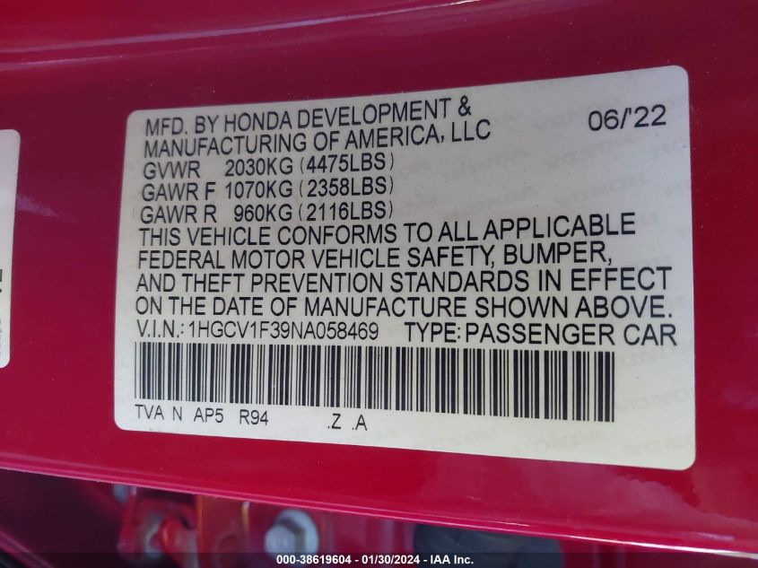 2022 HONDA ACCORD SPORT - 1HGCV1F39NA058469