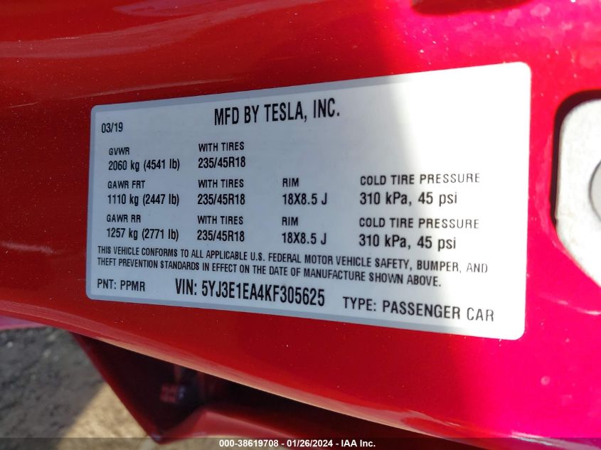 2019 TESLA MODEL 3 LONG RANGE/MID RANGE/STANDARD RANGE/STANDARD RANGE PLUS - 5YJ3E1EA4KF305625