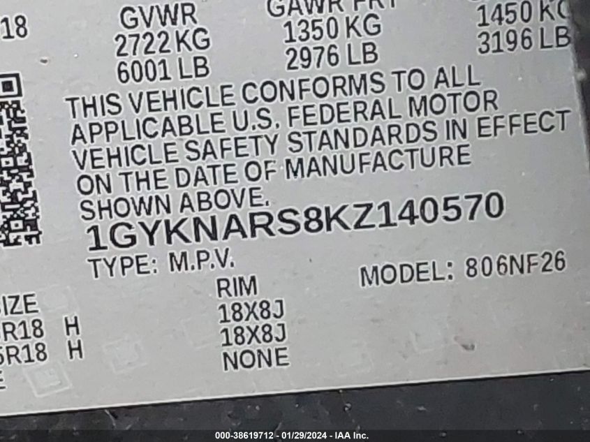 2019 CADILLAC XT5 STANDARD - 1GYKNARS8KZ140570